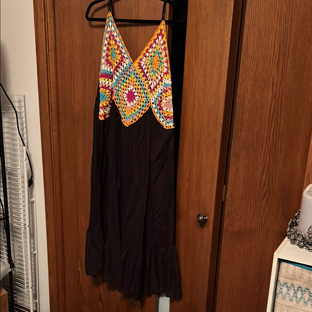 Colorful Crochet Top Black Dress